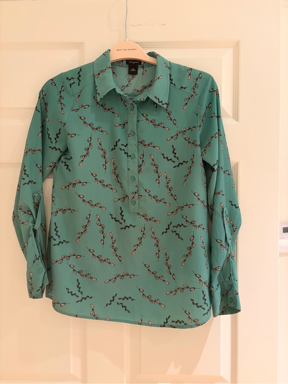 Ann Taylor Teal Floral Button Front Blouse